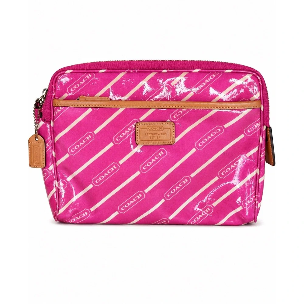 Coach Pink Logo Stripe Cosmetic Case Medium